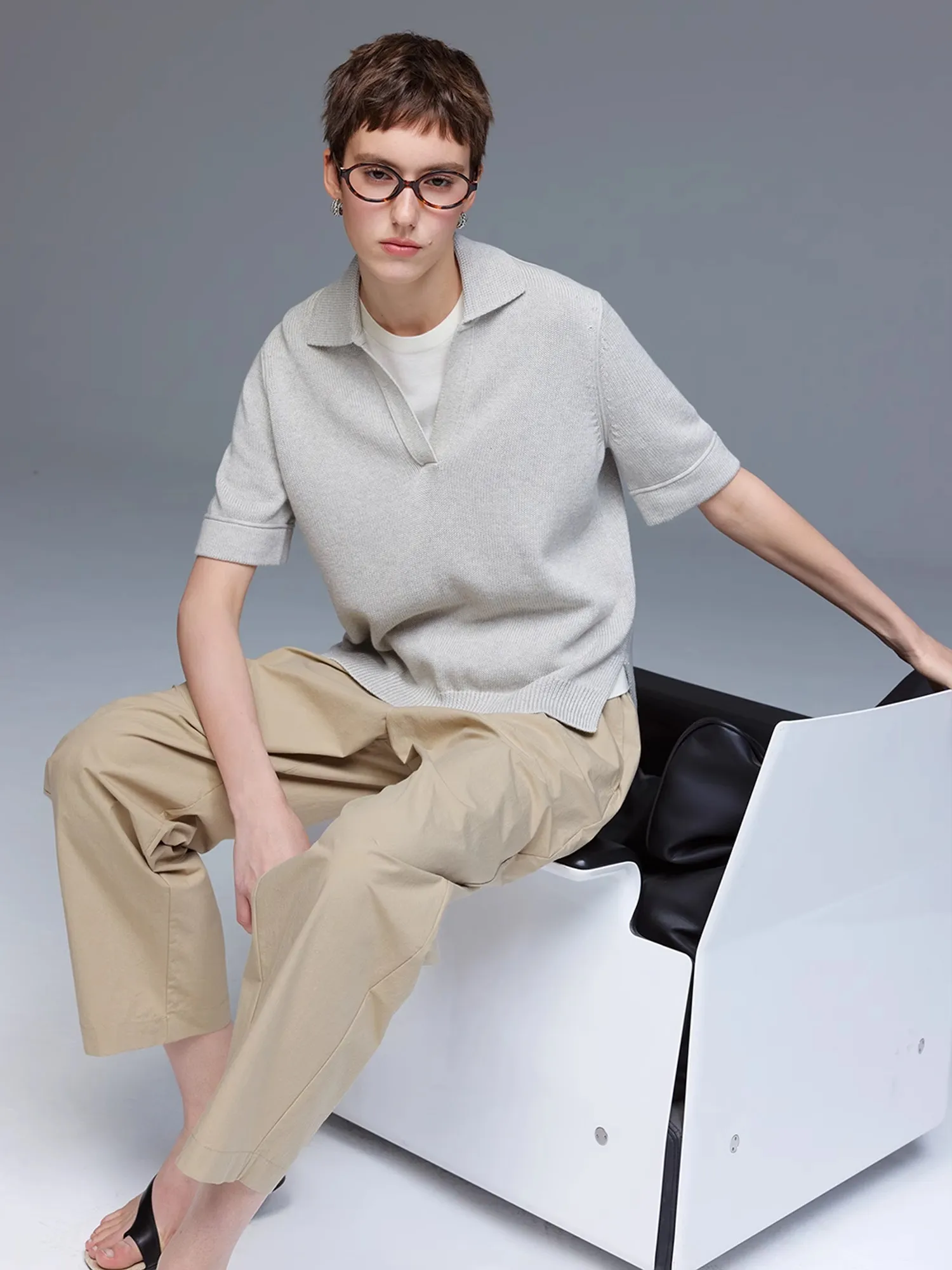 

fini Knitted irt ort Sve Camere Cotton Collar lectual Front ort Ba Long Women's Loose Fit Spring