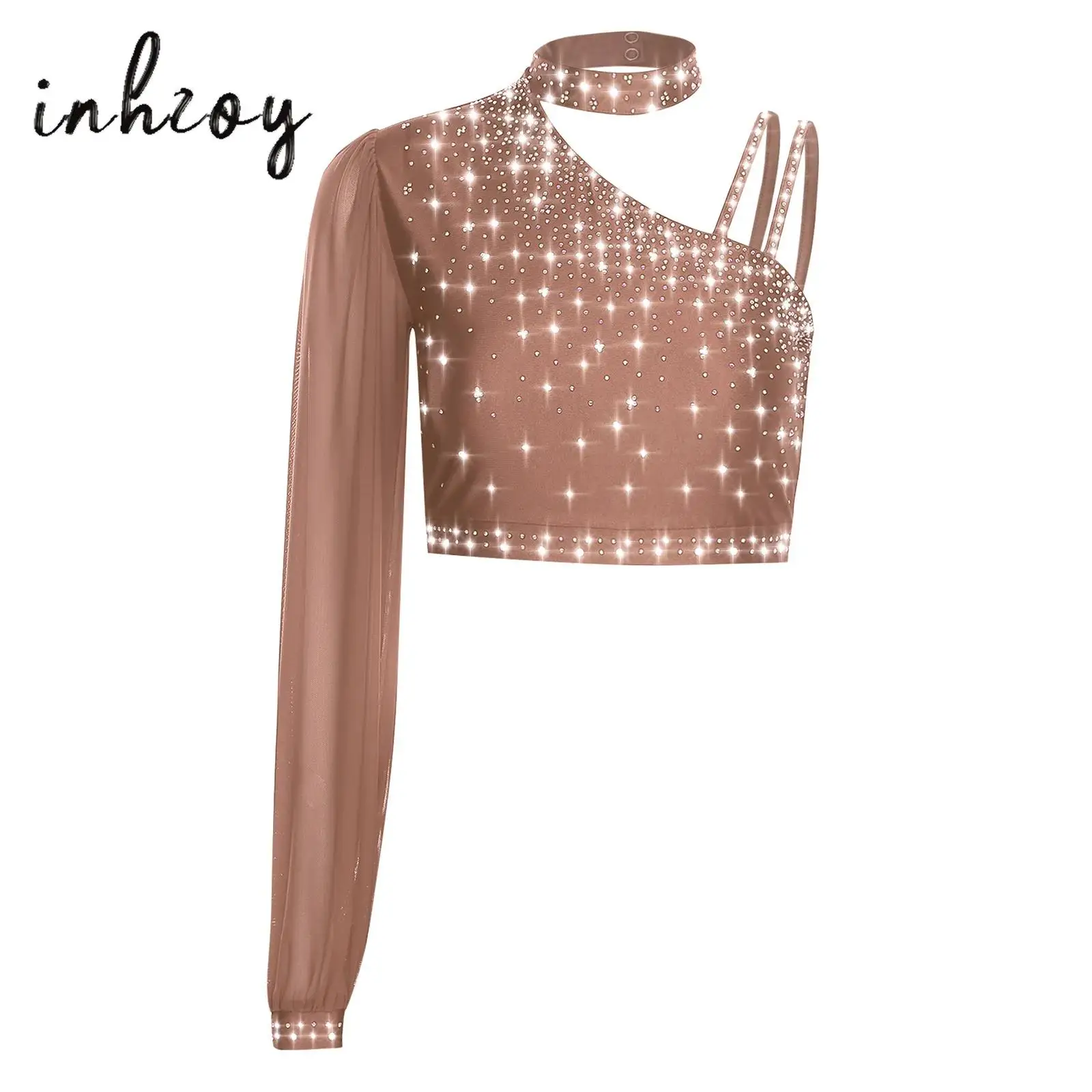 

Womens Contemporary Lyrical Dance Costume Sheer Mesh Long Sleeve Shiny Rhinestone Crop Tops for Latin Belly Dance Performance