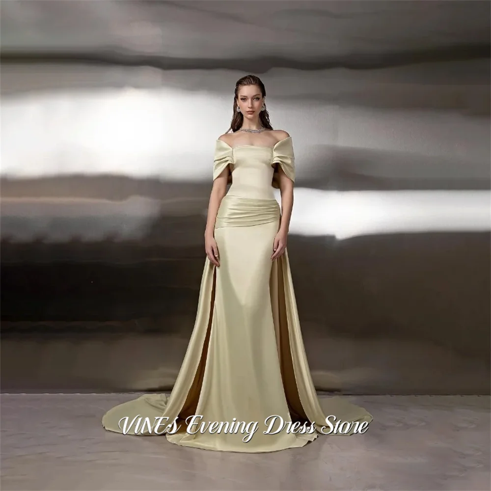 

VINES Gold Mermaid Party Dress Off Shoulder Evening Dresses with Draped Waist Formal Gown Satin Dresses For Prom Customized