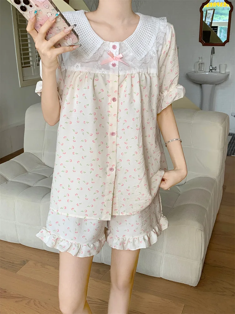 Floral Soft Lace Doll collar Kawaii Print Summer Buttons Short Sleeve Pajama Set Women Loose Elegant Casual Holiday Sleep Tops