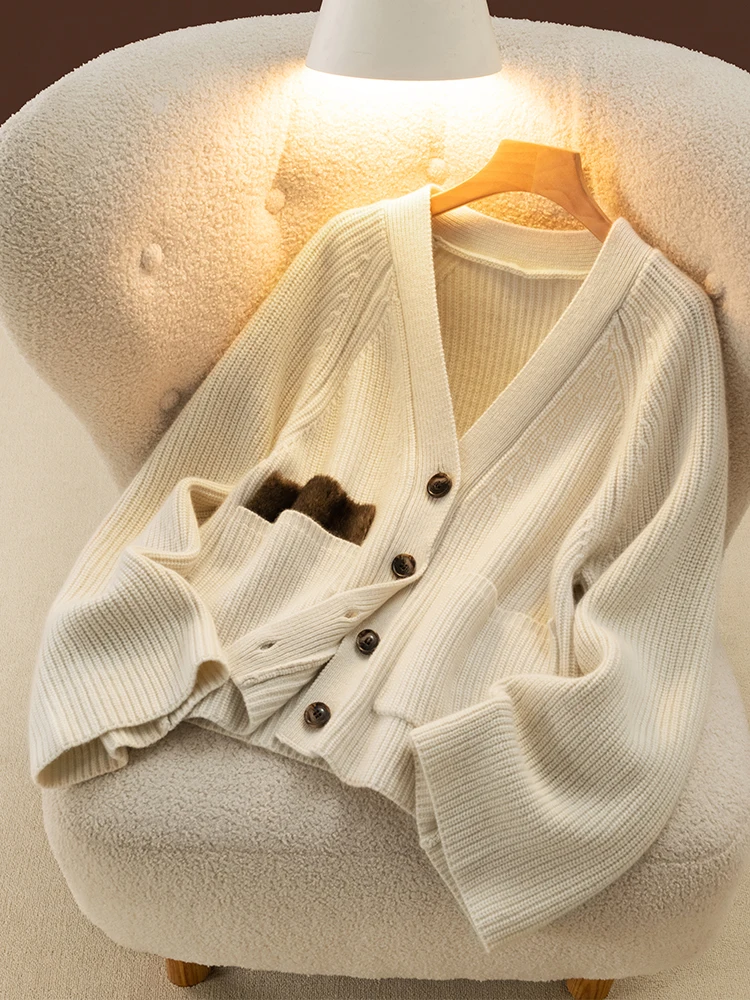 High Quality Women V-neck Cardigan Cashmere Sweater Autumn Winter Thick 100% Merino Wool Knitwear Comfort Loose Korean Fashion
