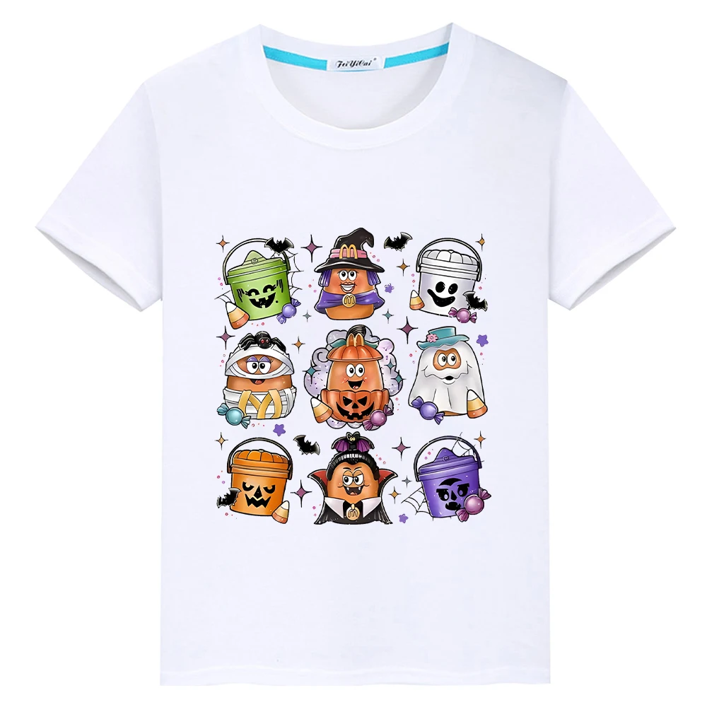 t shirt for kids boy 10 years Print Halloween pumpkin witch elf 100%Cotton Short Tops Anime Tees y2k one piece kids clothes girl