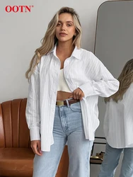 OOTN Elegant Cotton White Shirts Blouses For Women Summer Solid Long Sleeve Jacquard Shirts Fashion Ruched Slit Tops Blouse 2024