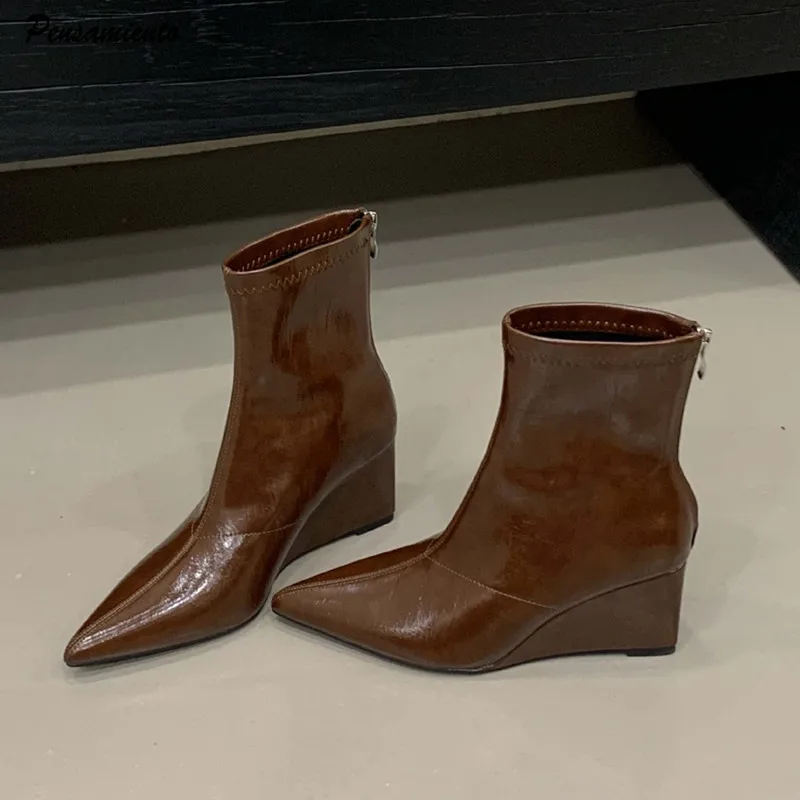 

Autumn Winter Vintage Patent Leather Wedges Women Ankle Boots Fashion Pointed toe High heels Female Chelsea Short Boots Shoes