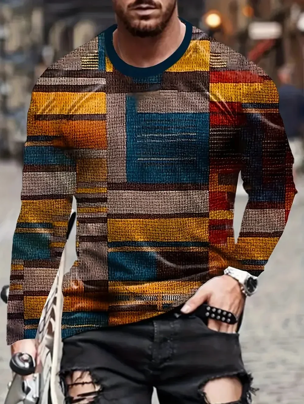 Herren Langarm-T-Shirt aus Polyester mit 3D-Druck, Vintage-Bürstertextur, geometrischem Grafikmuster, Rundhalsausschnitt, lässige Streetwear-Oberteile – Detail 5