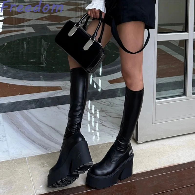 Cowhide version of the black boots female thick bottom high heel boots new tall knight boots elastic skinny boots