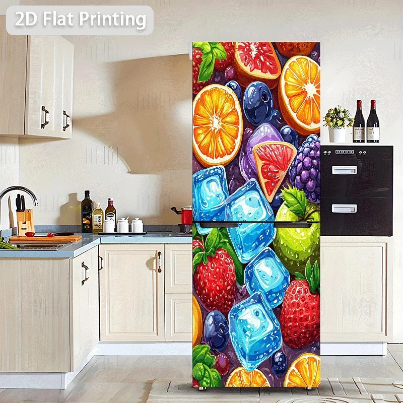 1pc 2D Flat 2D Printed 2D Graphic Design Refrigerator Sticker , Colorful Fruit and Ice Cube Combination Pattern, Self-Adhesive