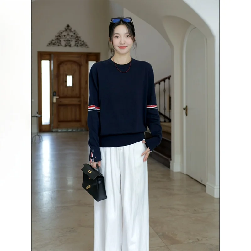 

Свободный крой, свитер из чистого хлопка, цветные широкие джинсы, осенний комплект Faion для женщин, повседневный студенческий образ, эффект похудения