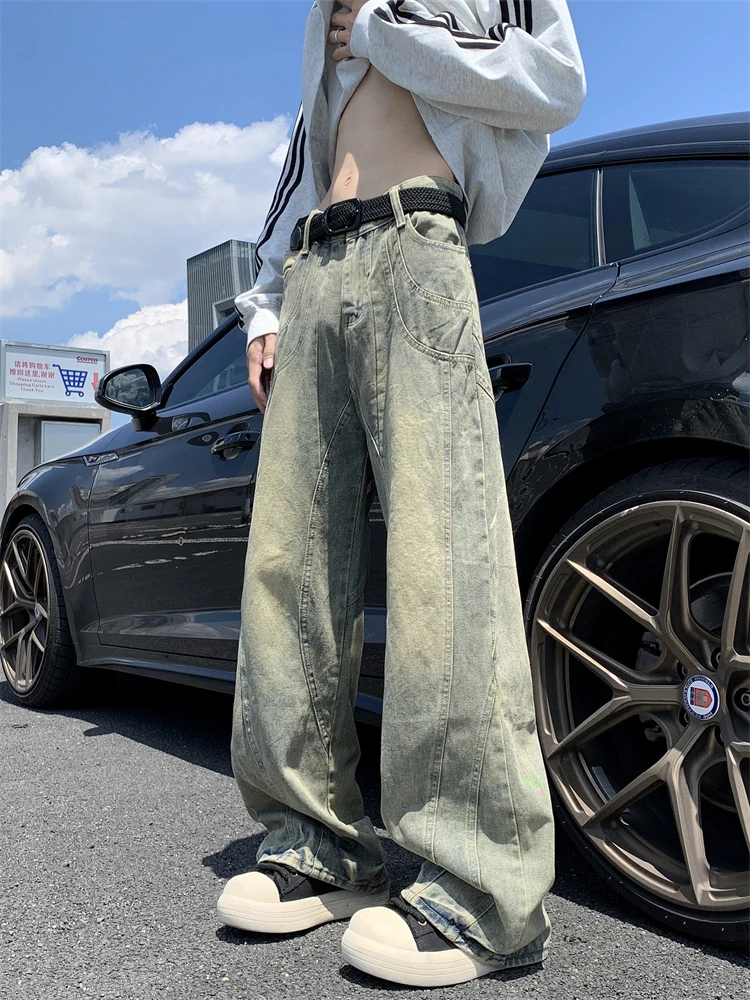 Retro American High Street Vibe Men's Jeans Durable Worn-Look Yellow Clay Dye Loose Wide Leg Straight Micro Flared Long Trousers