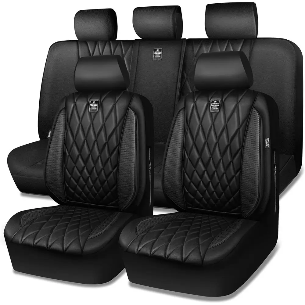 5-Seat Luxury Faux Leather Seat Covers Set, Anti-Slip Waterproof, Compatible with Front Armrests, for Sedans, SUVs, Trucks, Blac