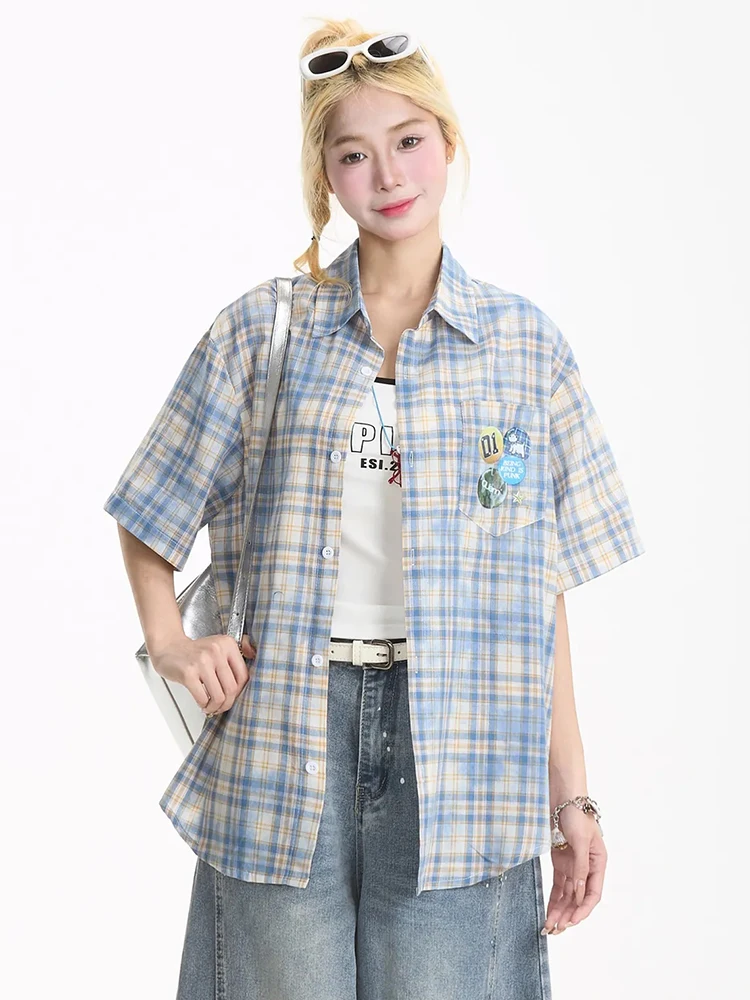 

Y2k Retro Plaid Shirt Women Oversize Casual Streetwear Short Sleeve Blouse Vintage American Bf Loose Harajuku Tops Summer