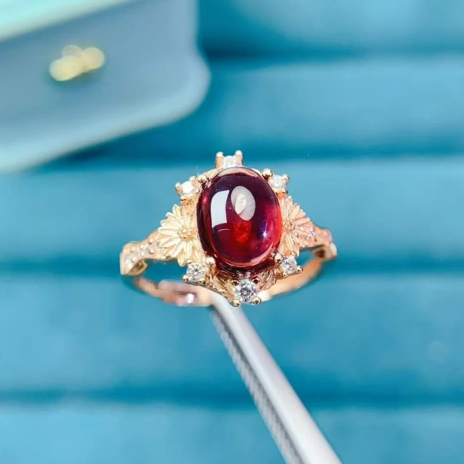 

Genuine Natural Garnet 925 Silver Ring, 7x9mm Large Oval Cabochon Statement Band with Certificate, Luxury Women's Jewelry