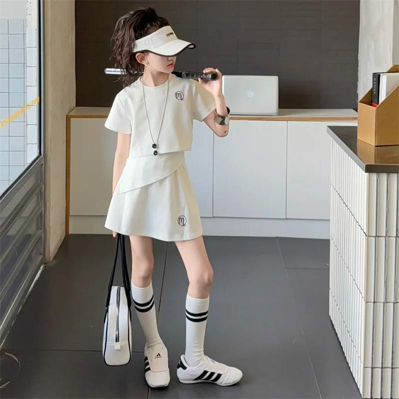 5-14Y Girls Summer Casual Tracksuit Solid Crop Top & Skirt Set Breathable Sportswear School Play Vacation Kids 2 Piece Outfits