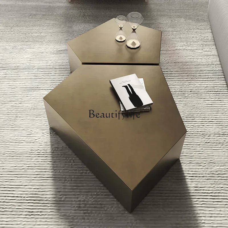 02Moderno simples luz luxo bronze escovado combinação de mesa de centro em aço inoxidável formato especial