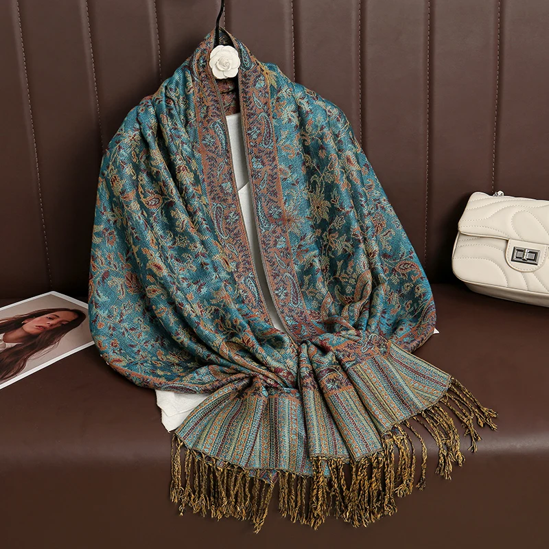 70*190cm Winter Warm Thick Ethnic Style Jacquard Scarf Women Travel Muslim Hijab Cashmere Tassel Shawl Wrap Pashmina