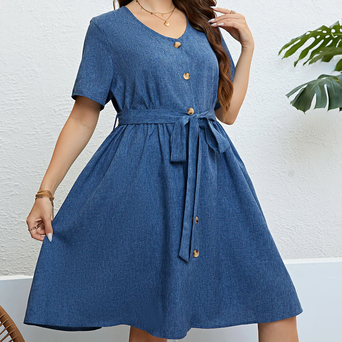 

Plus Size Blue Dress Short Sleeve Solid Knee Long Dress V Neck for Women Oversized Loose Plus Size Lady Clothing