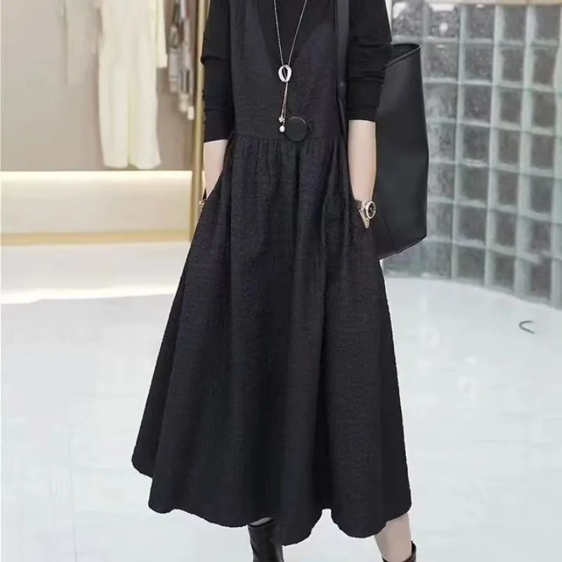 High-end jacquard falso vestido de duas peças outono novo botão de manga comprida temperamento saia de emenda fina