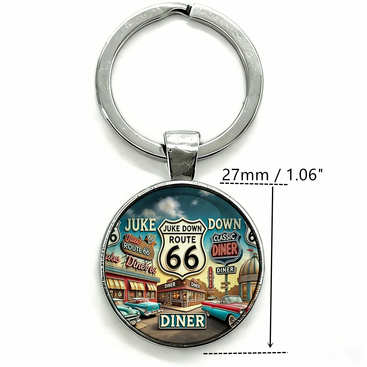1pc 2D Flat Round Glass Dome Keychain Route 66 Classic Diner Vintage Old Car Street Sign Key Ring, Retro US Road Trip Souvenir