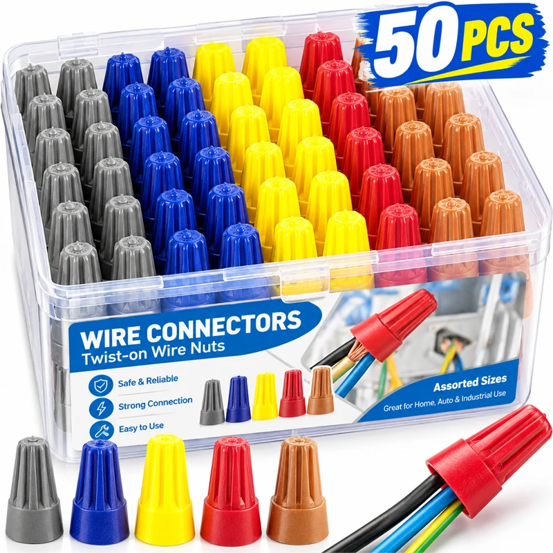 50pcs Colorful Wire Connector Caps Electrical Insulated Insert Twist Terminal Wire Nuts Spring End Screw Cap Assortment Kit