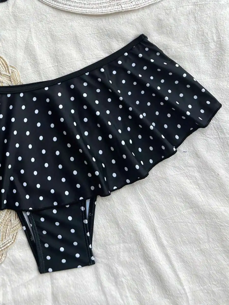 

Black Polka Dot Two Piece Swimsuit For Women With Spaghetti Straps And Flared Ruffle Bottom