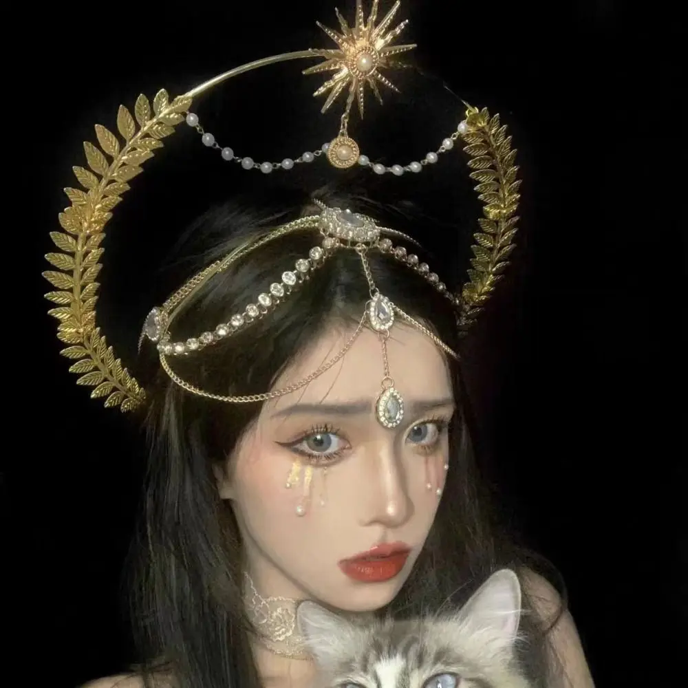 Gothic Gold Plated Halo Crown Vintage Baroque Sun Goddess Crown Cross Wheat Ear Leaf Goddess Headpiece Theme Party