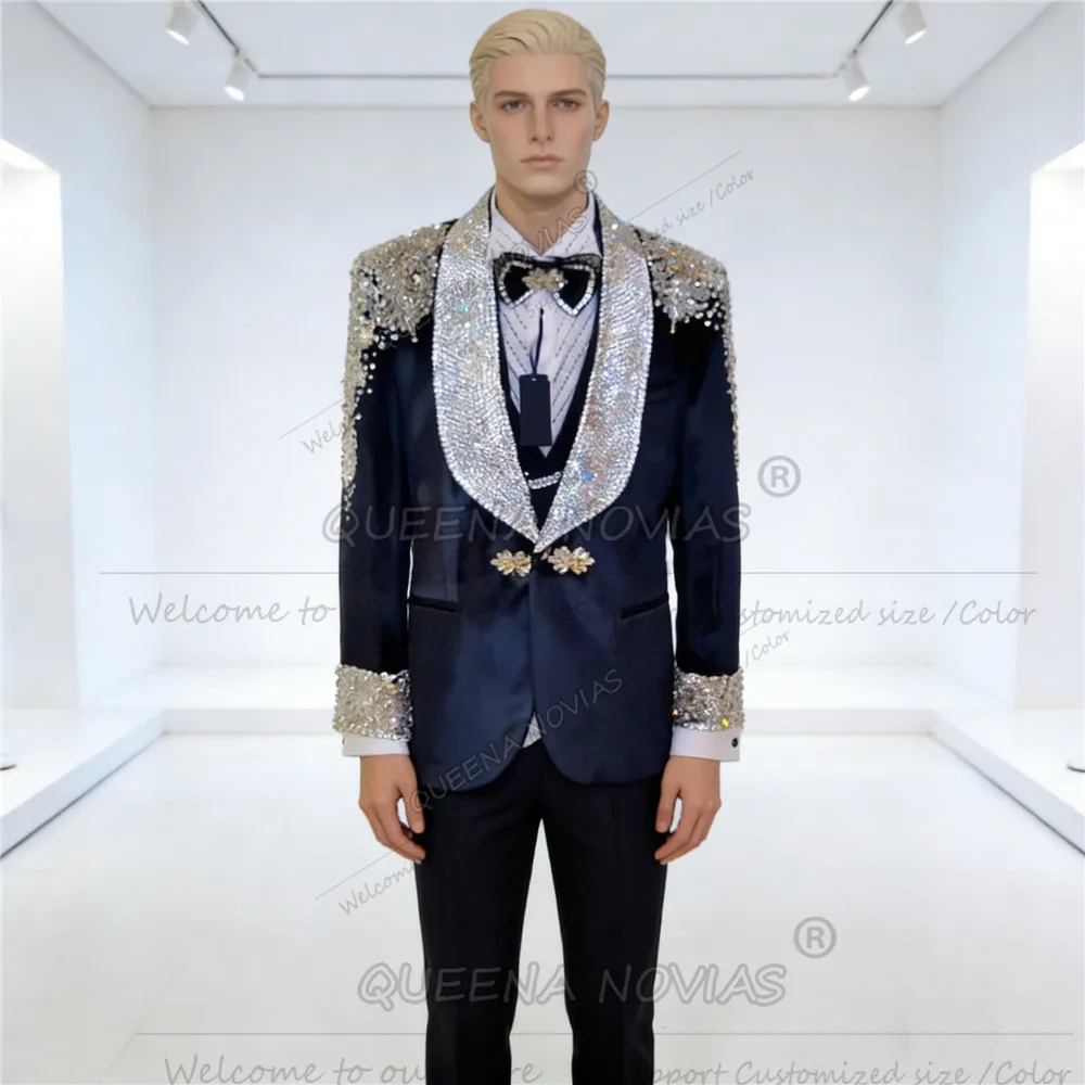 Jewelry Stones Ornament Suit Attire For Men Sparkly Sequins Label Prom Blazers Customized Man Banquet Tuxedos Groom Wedding 2026