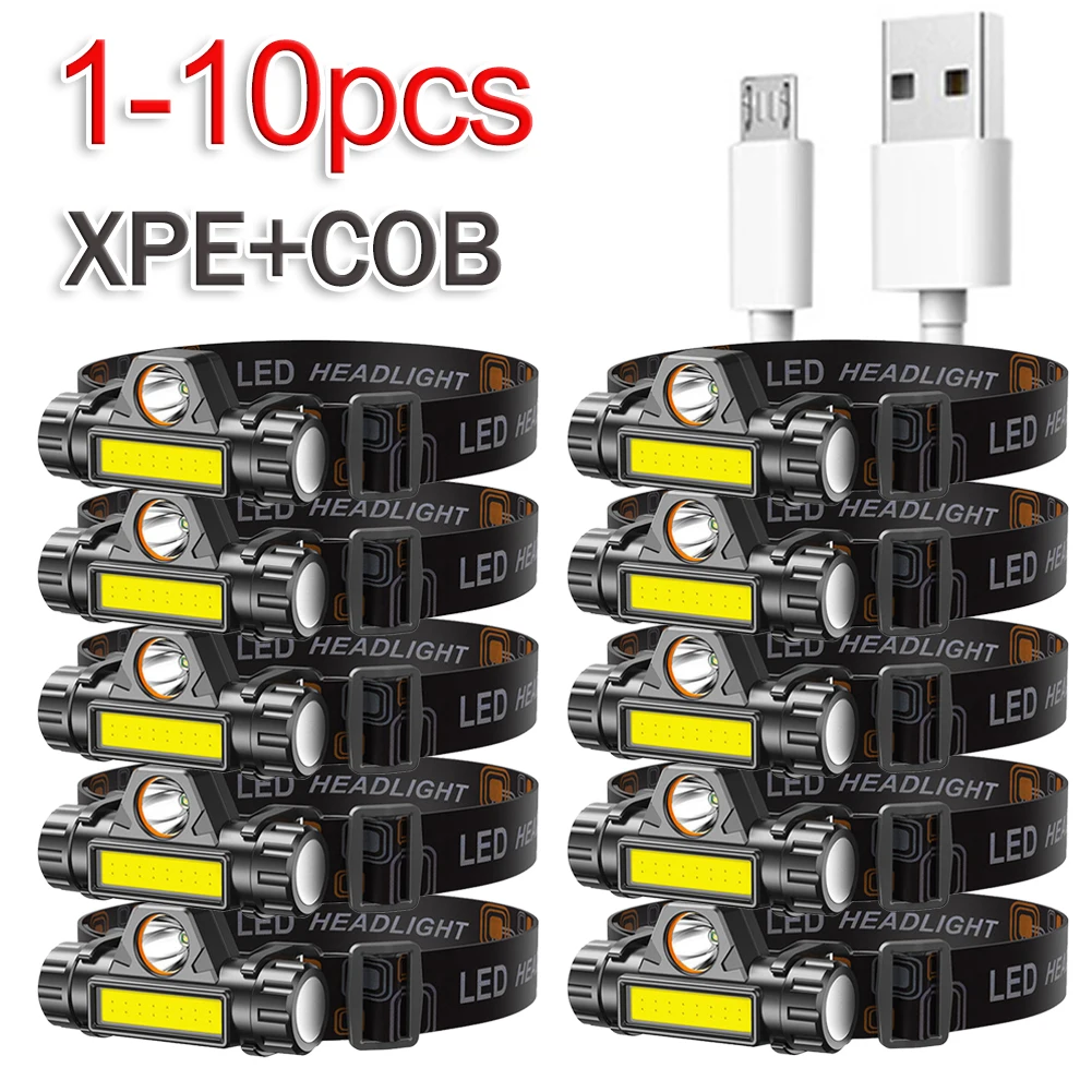 

1-10PCS Portable Mini Flashlight XPE+COB Led Headlamp High Power Rechargeable Built-in Battery Outdoor Camping Fishing Headlight