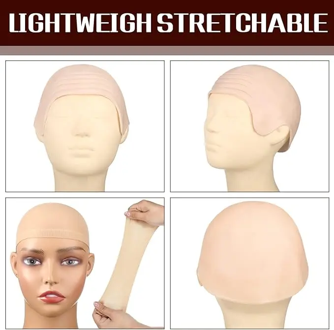 2 Pieces Latex Bald Cap with Nylon Wig Caps Set Makeup Bald Head Wig Cap Halloween Cosplay Costume for Adults view 4