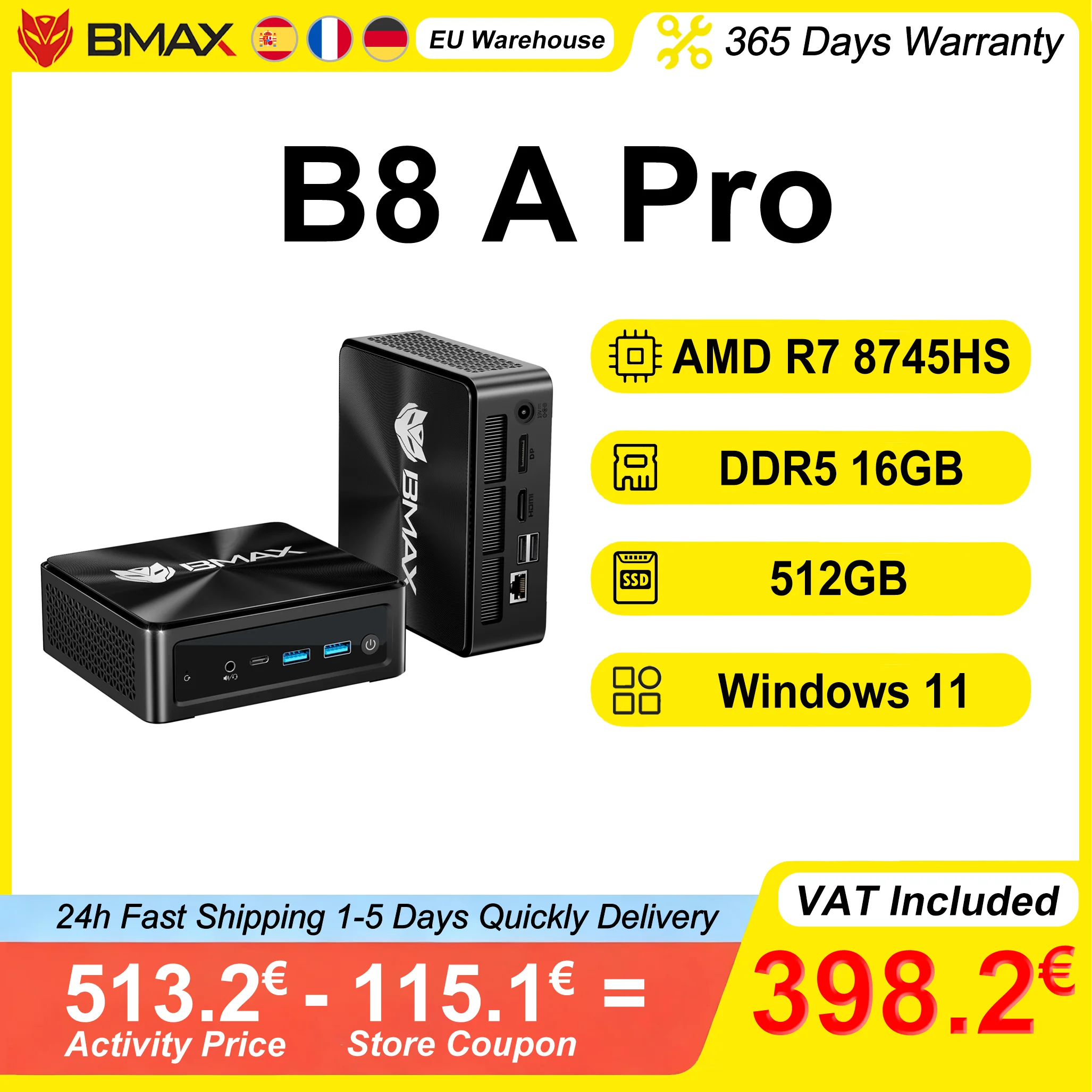 BMAX B8 A Pro Mini PC AMD Ryzen 7 8745HS 16GB DDR5 4800MHz RAM 512GB NVMe SSD Windows 11 WiFi 6 prend en charge 4K @ 60Hz AMD Radeon 780M