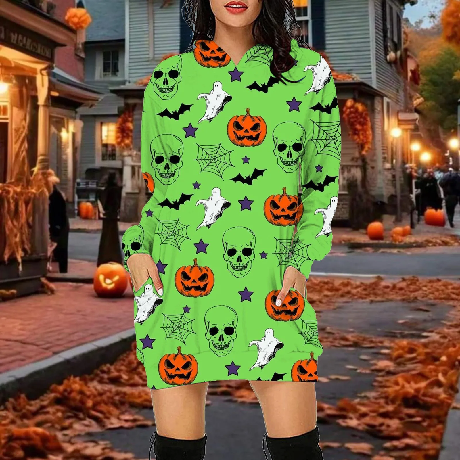 

Casual Women Pumpkin Pocket Long Pullover Halloween Long Print Fashion Casual Ladies Hoodie Long Vestidos Dress Dress for Sleeve