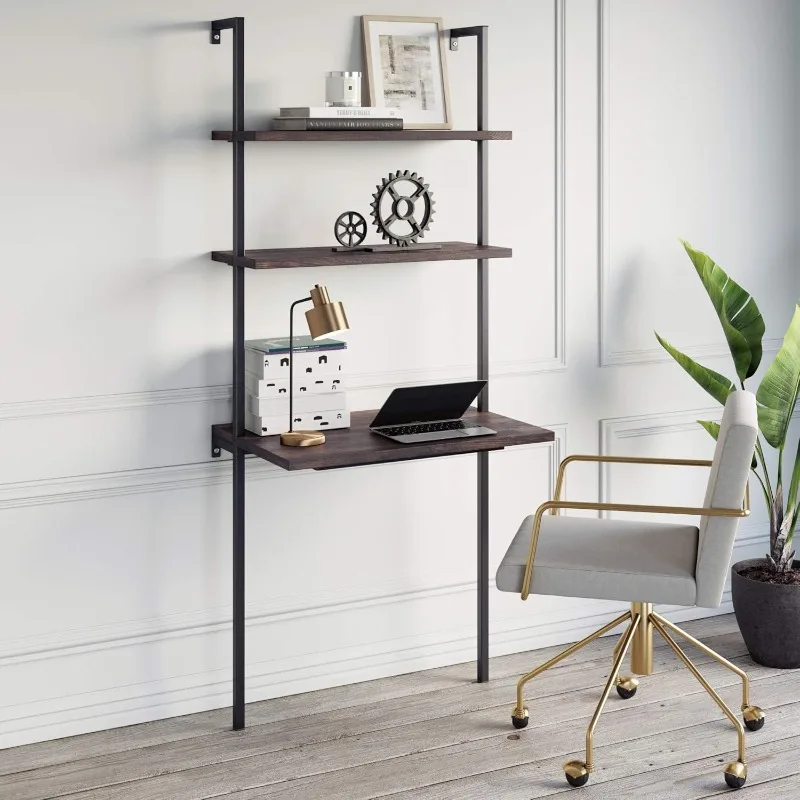 Theo 2-Shelf Industrial Wall Mount Ladder Table, Small Computer or Writing Desk, Nutmeg/Matte Black