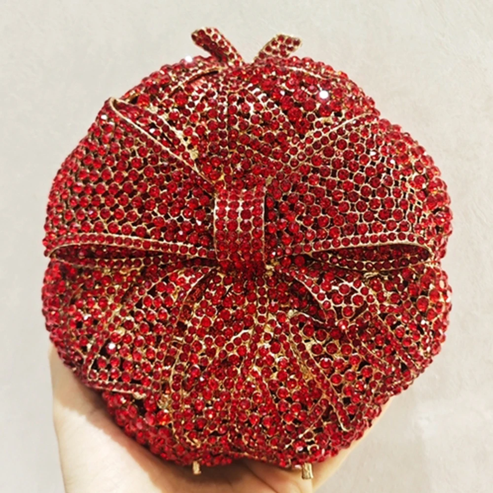 Round Bow Evening Bag Rhinestone Gold/Red/Silver Crystal Wedding Purses Bridal Prom Clutch Dinner Banquet Handbags Diamond Bags