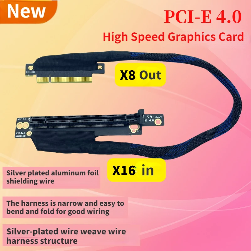 

PCI-E 4.0 X8 to X16 Server PC Graphics Card Extension Cable GEN4 for AI Server Soft Braided Silver-plated Wire GPU Adapter Cable