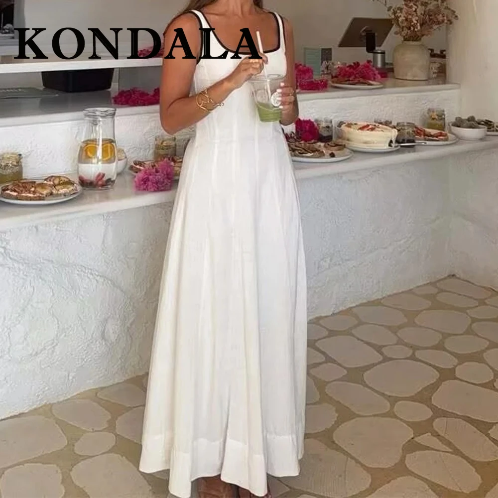 KONDALA Chic Woman Dress Fashion 2025 Summer Mini Sleeveless Holiday Square Collar Dress Pleated Female Party White Vestidos