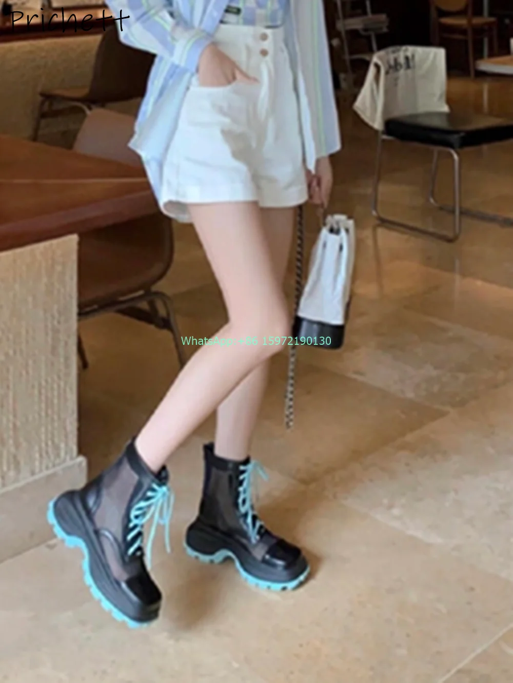 Summer Air Mesh Hollow Ankle Boots Mixed Color Square Toe Thick Soled Cross Tied Lace Up Shoes Green Black Women Leisure Shoes