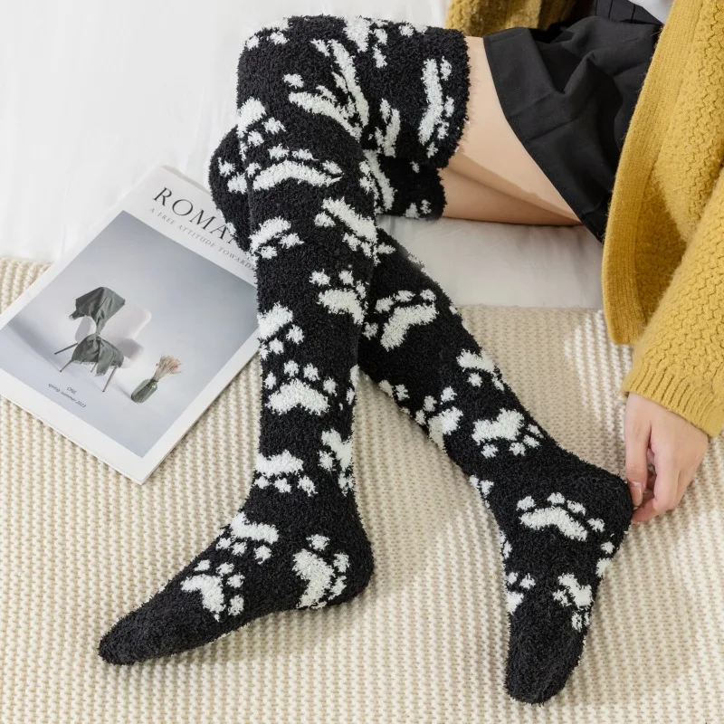 Women Winter Warm Fluffy Socks Over Knee Cute Cat Paw Fuzzy Stockings Female Thick Coral Fleece Soft Home Floor Sleep Socks