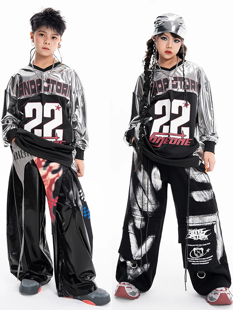 Vêtements de danse de rue Hip Hop pour garçons, sweat-shirt argenté à manches longues, pantalon pour adolescents, vêtements de Performance Poppin, costume pour filles BL17889