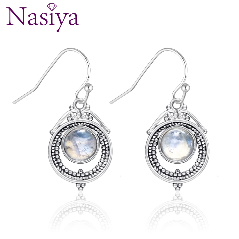 Nasiy Natural Moonstone Drop Earrings For Women Vintage Type Silver Dangle Earrings Fashion Party Jewelry