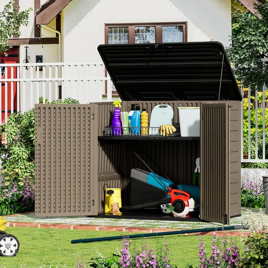 Large Outdoor Storage Shed: 48 Cu Ft Resin Cabinet for Patio, Trash Cans Garden Tools; Coffee-Colored Durable Horizontal Box wi