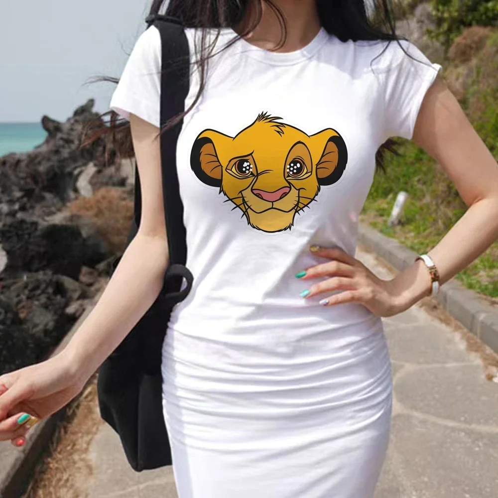 Summer Cartoon Disney Women\'s Lion King Printed Dress Summer Tight Short Sleeve Bag Hip Skirt Sexy Fashion Summer Slimming Dress