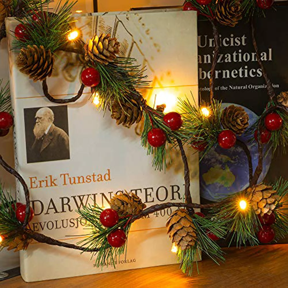 سلسلة أضواء عيد الميلاد الاصطناعية LED - تعمل بالبطارية Aa (البطاريات غير متضمنة)، 6. 56 قدم مع 20 مصباح LED، أضواء سلسلة زخرفية مع توت أحمر، مخاريط الصنوبر، إبر الصنوبر، والأجراس - ديكور داخلي لأشجار عيد الميلاد والمنازل والمواقد والحفلات، أفضل خيار لعيد الميلاد #5