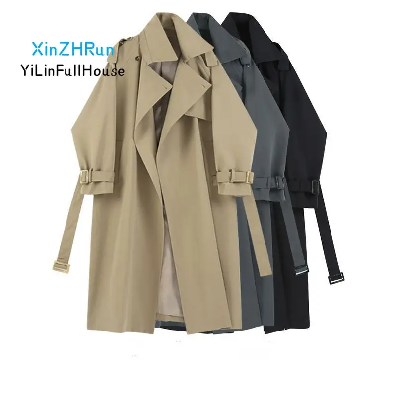 Autumn Women\'s Fashionable Stand Up Collar Belt Shoulder Badge Medium Length Windbreaker Casual Loose Versatile Open Front Coat