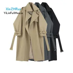 Autumn Women's Fashionable Stand Up Collar Belt Shoulder Badge Medium Length Windbreaker Casual Loose Versatile Open Front Coat