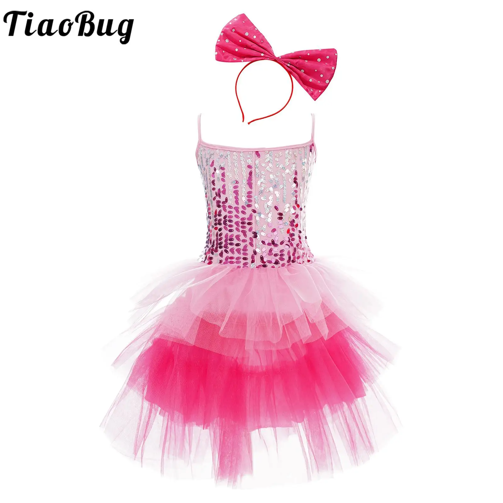 

Kids Girls Birthday Party Dance Dress Stage Performance Costume Dancewear Glittery Sequin Layered Tutu Dresses Bowknot Hair Hoop