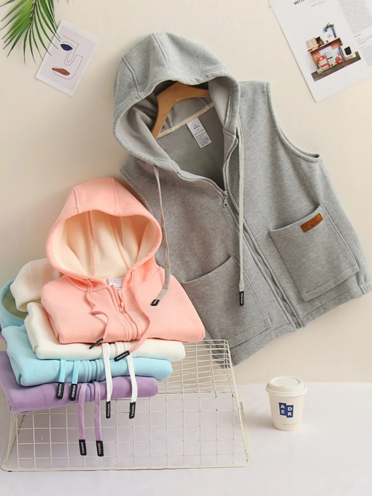 

Women's Loose Fit Fleece Lined Hooded Vest Korean Style Zipper Sweatshirt Jacket Trendy Autumn Winter New Arrival