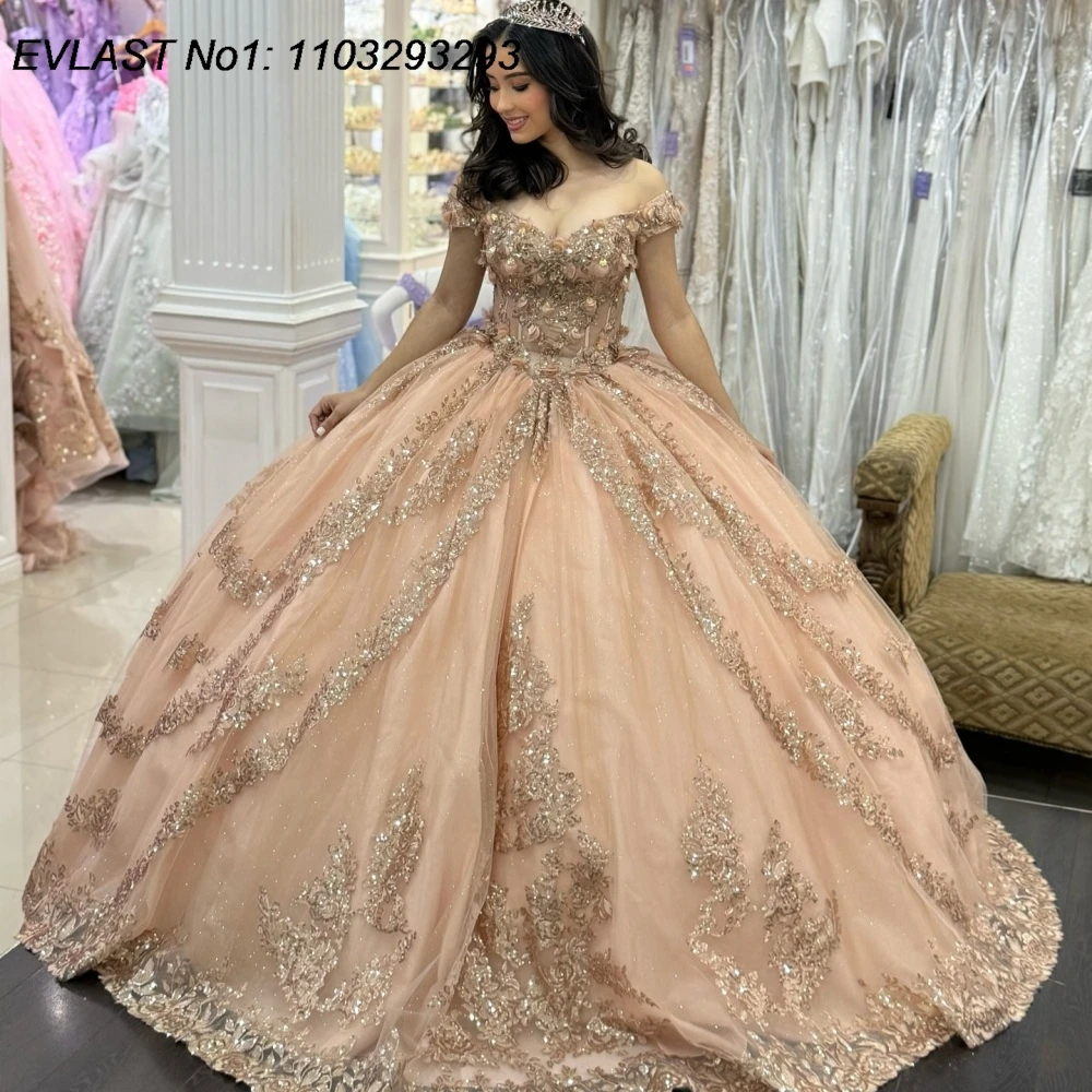 

EVLAST Customized Blush Pink Quinceanera Dress Ball Gown Champagne Lace Applique Beading Sweet 16 Vestidos De 15 Anos E1QN432