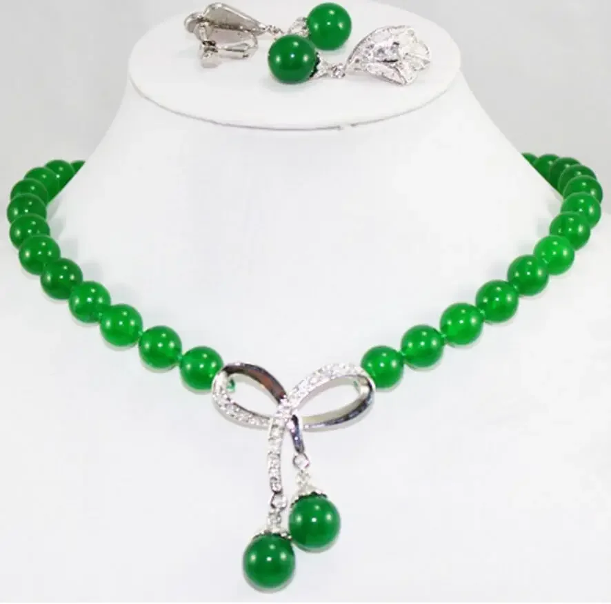 noblest 10mm green necklace 17 inch + pendant & earrings set