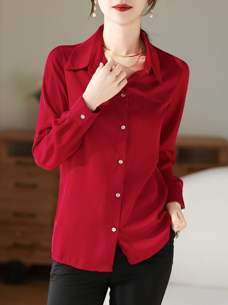

Ele Red Silk Women's irt Long Sve Turn-down Collar Vintage Sle Commute Faion Straight Cut Button Closure Top