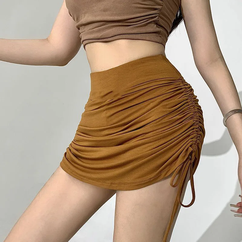 Solid Color Hot Girl Sexy Hip-covering Drawstring Pleated Short Skirt Female Tight Slimming Skirt Korean Fashion Clothing