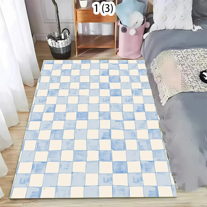 Vibrant Checkered Area Rug Pastel Color/Orange/Blue Grid Carpet for Living Room Bedroom Modern Home Decor Non-Slip Floor Mat